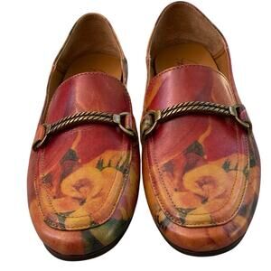 Patricia Nash "Fia"  Floral, Leather Shoe, Horsebit Loafer, Size 6M, Red/Orange